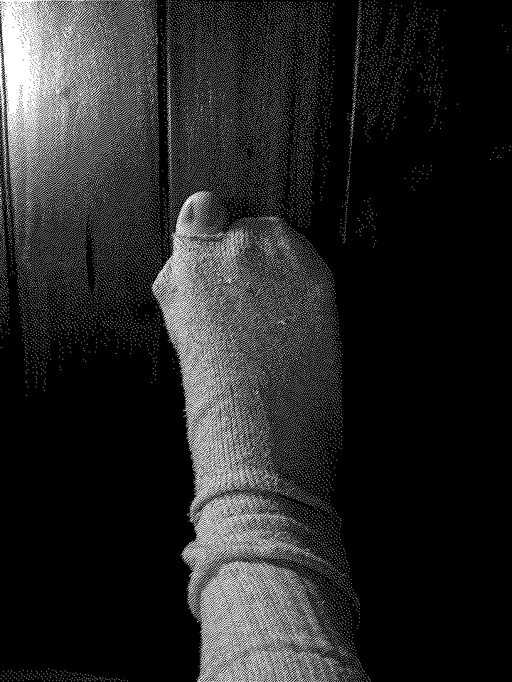 Atkinson dithering. Sobre unas tablas, aparece un pie enfundado en una vieja calza, que está rota, y deja asomar uno de los dedos.